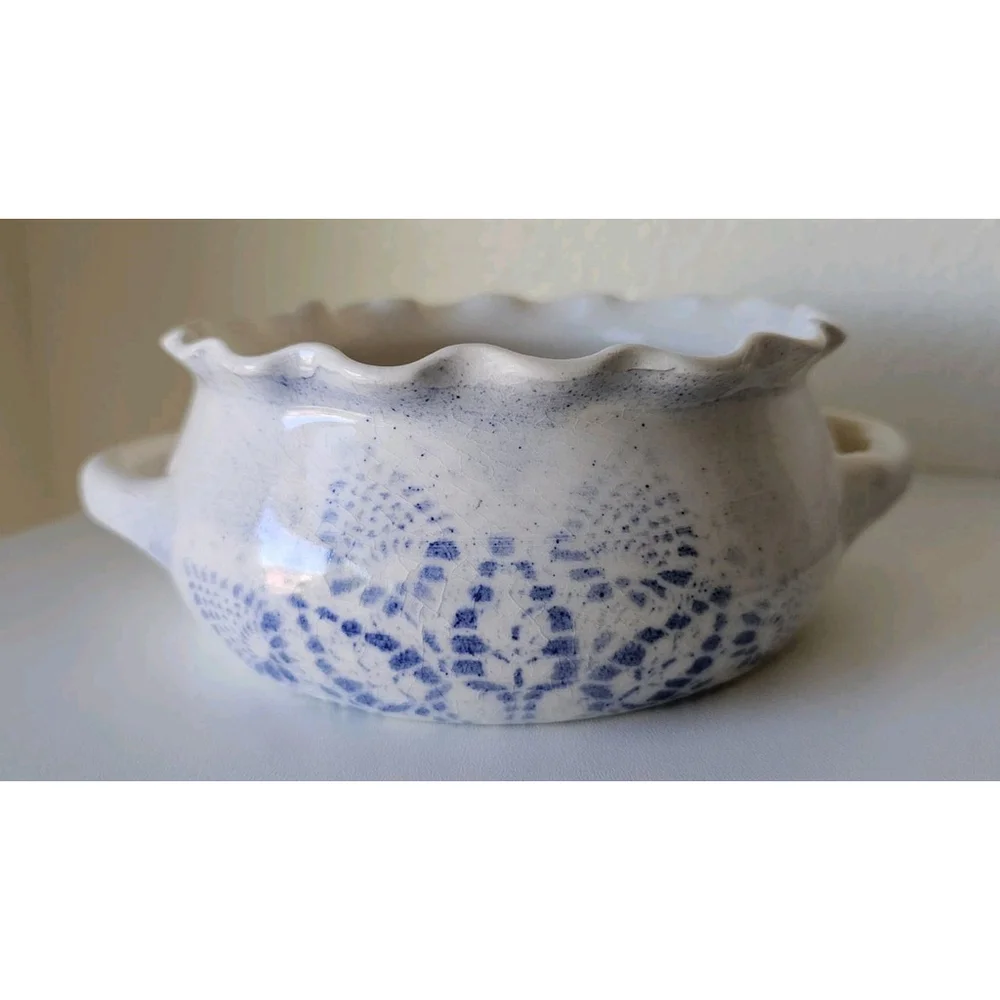 Ruffle Edge Artisan Ceramic Dish With Doily Impression Blue and White Design